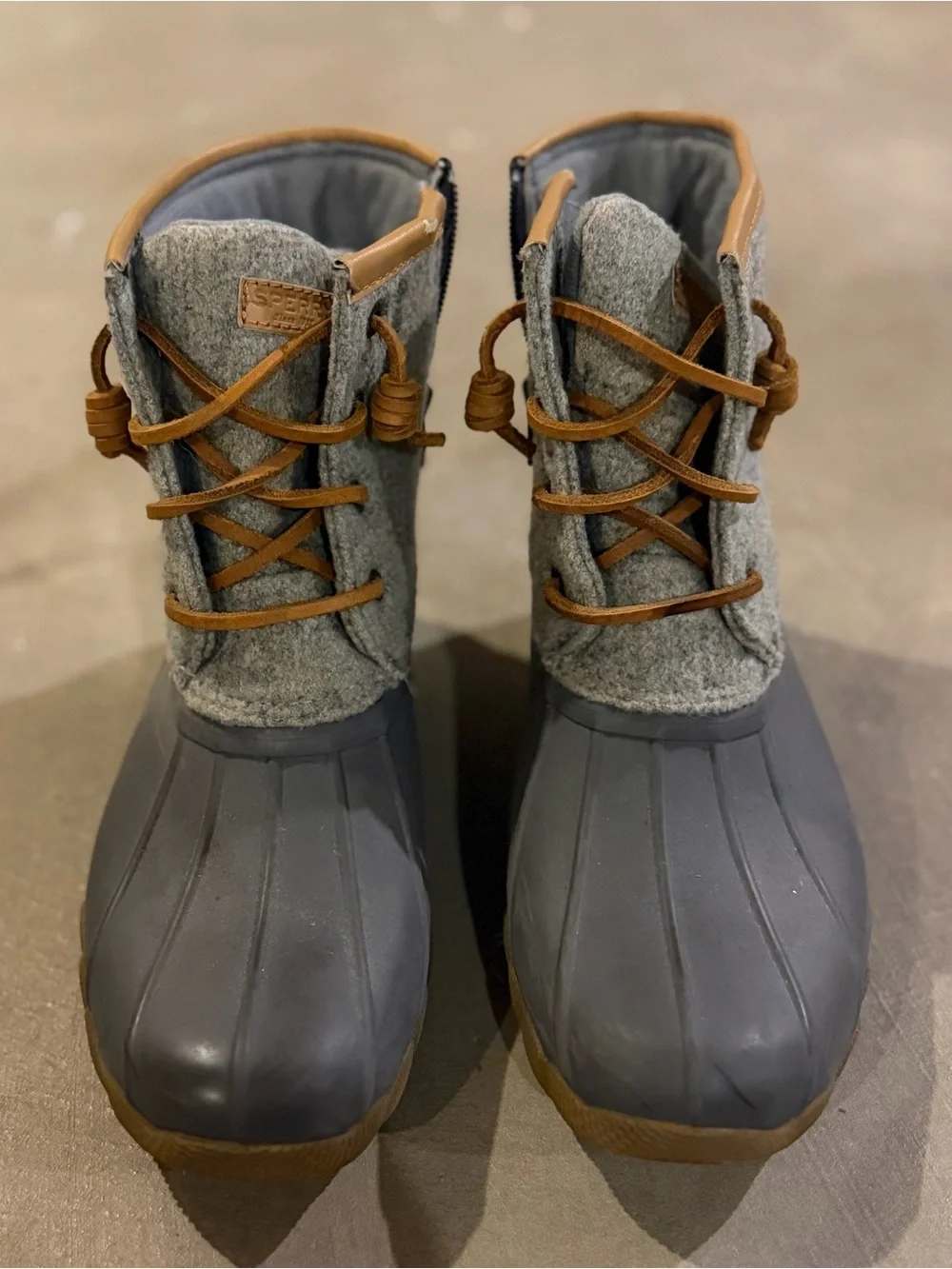Sperry Gray Wool-Top Duck Boots with Tan Leather Accents